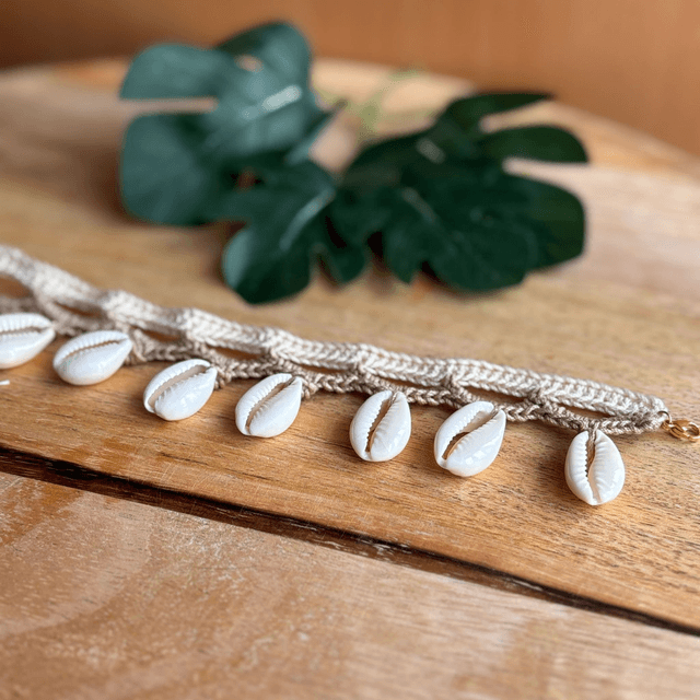 Bracelet de cheville crocheté - Tons naturels & coquillages 