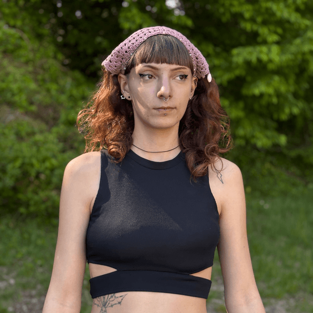 Bandana bohème mauve crocheté - Coquillages, perles & breloques 