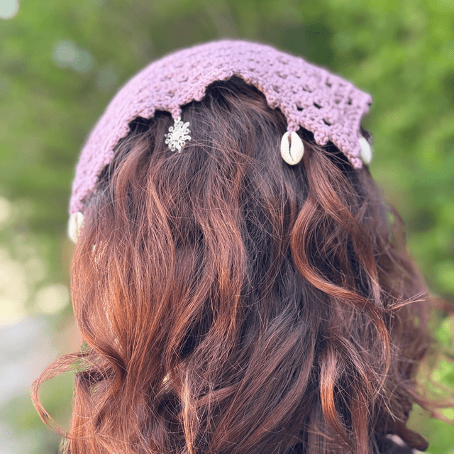 Bandana bohème mauve crocheté - Coquillages, perles & breloques 