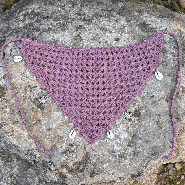Bandana bohème mauve crocheté - Coquillages, perles & breloques 