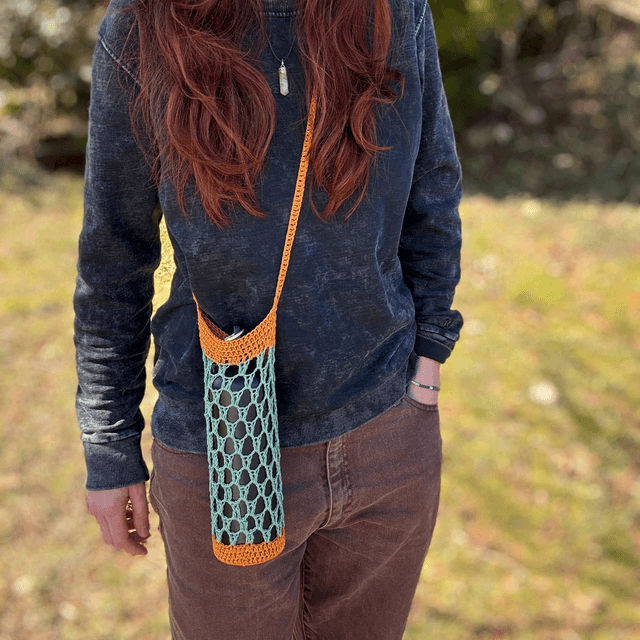 Porte-gourde en crochet - Vert menthe & orange - Coton 